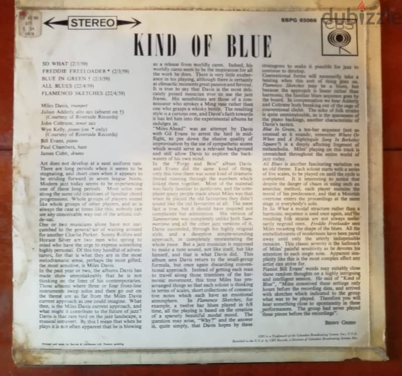 Miles Davis "kind of blue" vinyl uk 1960 cover vg vinyl vg 1