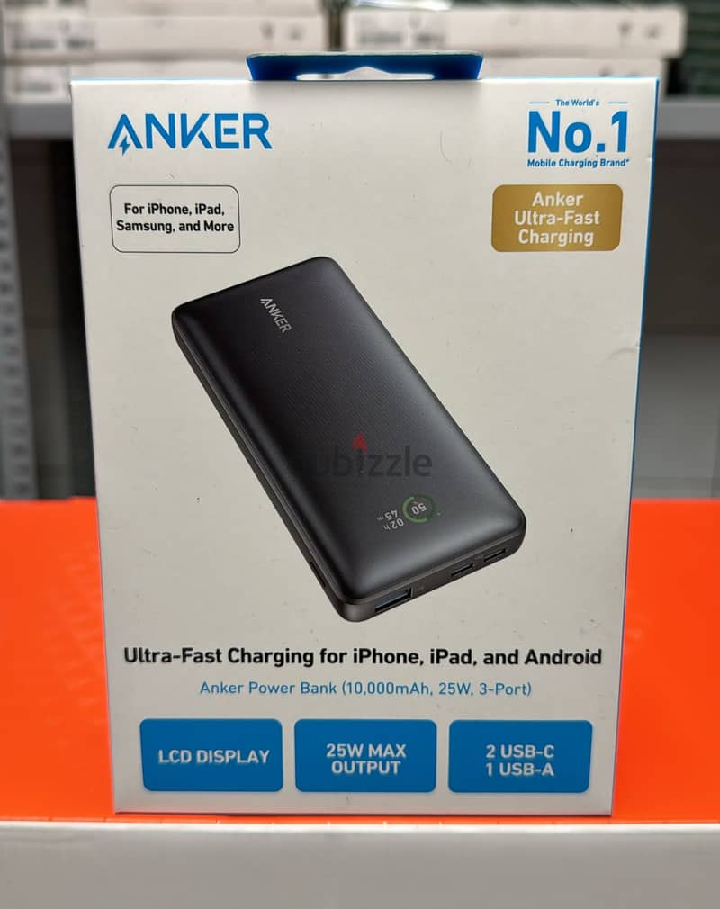 Anker power bank 10000mah,25w,3-port A1249h11 0