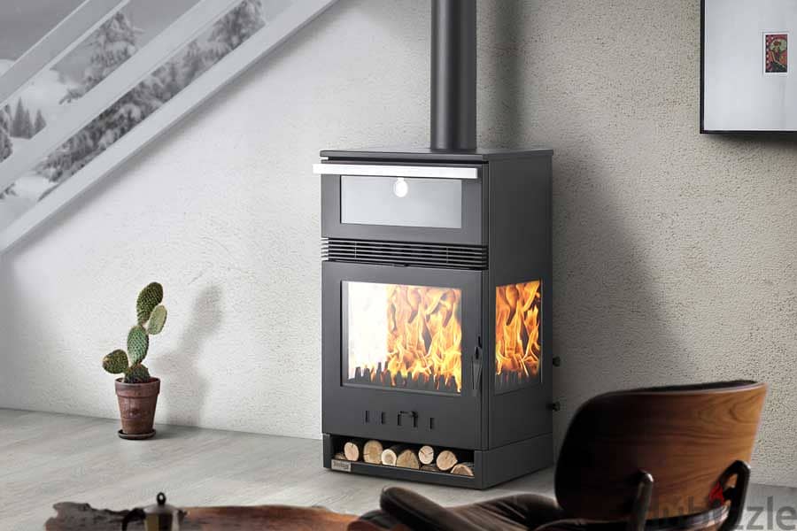 صوبا شمنيه حطب مع فرن معجنات ومروحة 3 واجهات زجاج Wood Stove Chimeny 11