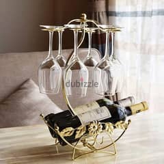 Olive Wine Rack - Gold Wine Storage for 2 Bottles, 6 Glasses