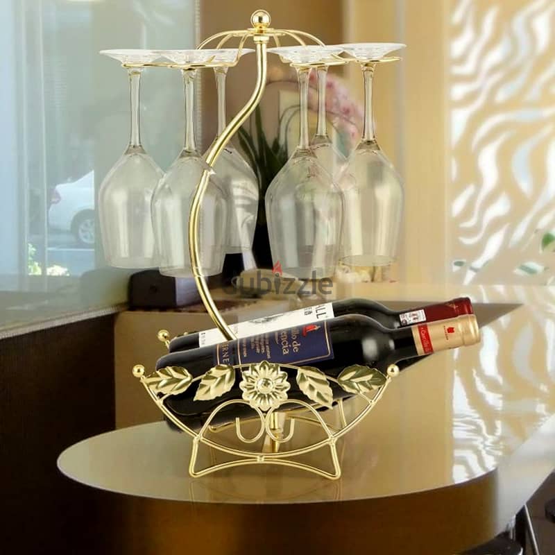 Olive Wine Rack - Gold Wine Storage for 2 Bottles, 6 Glasses 1