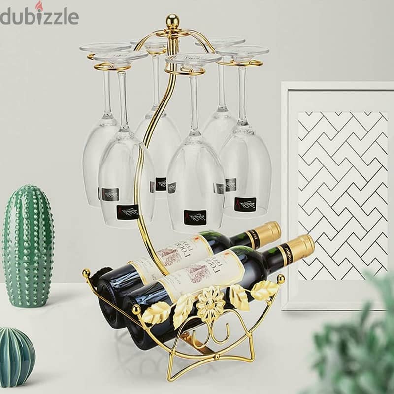 Olive Wine Rack - Gold Wine Storage for 2 Bottles, 6 Glasses 5