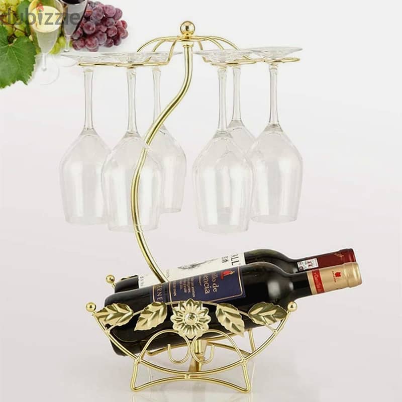 Olive Wine Rack - Gold Wine Storage for 2 Bottles, 6 Glasses 6