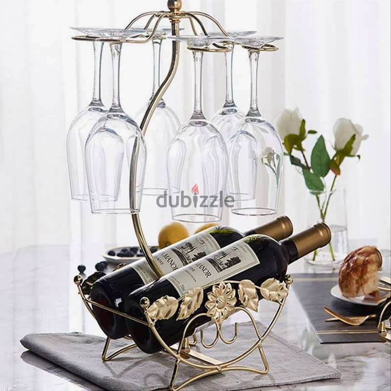 Olive Wine Rack - Gold Wine Storage for 2 Bottles, 6 Glasses 2