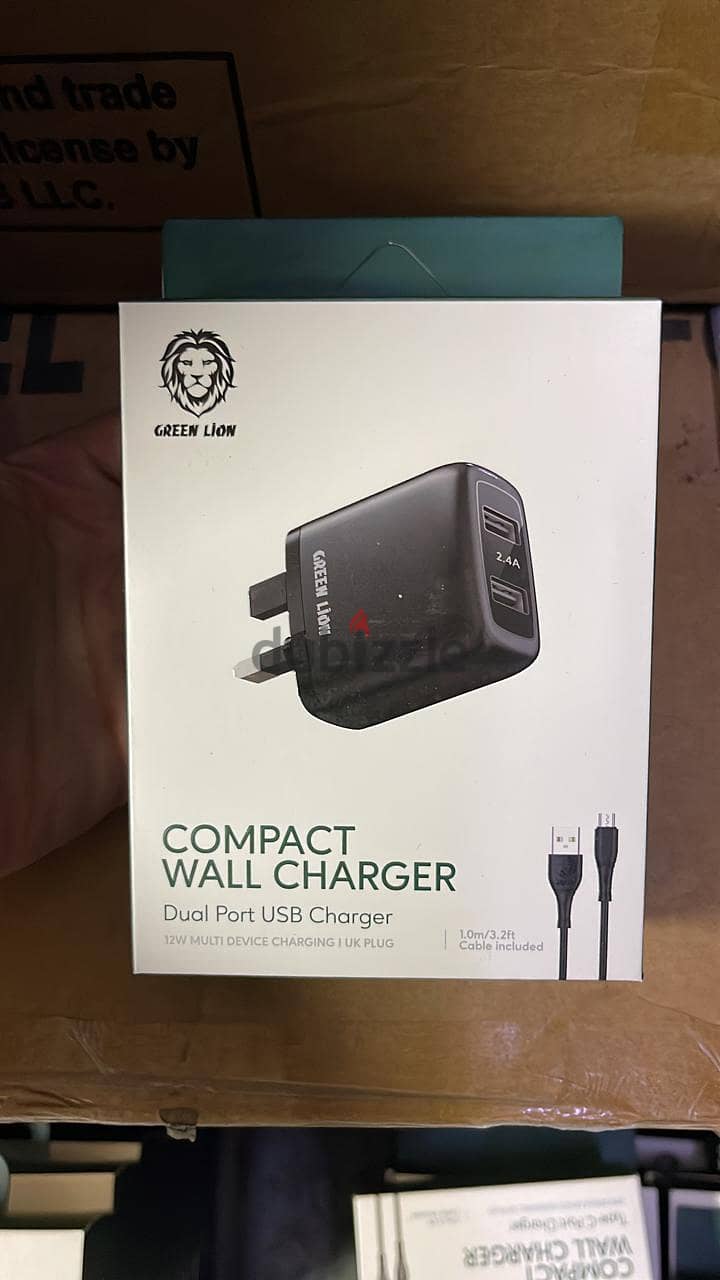 Green lion compact wall charger dual port usb charger 3pin cable micr 0