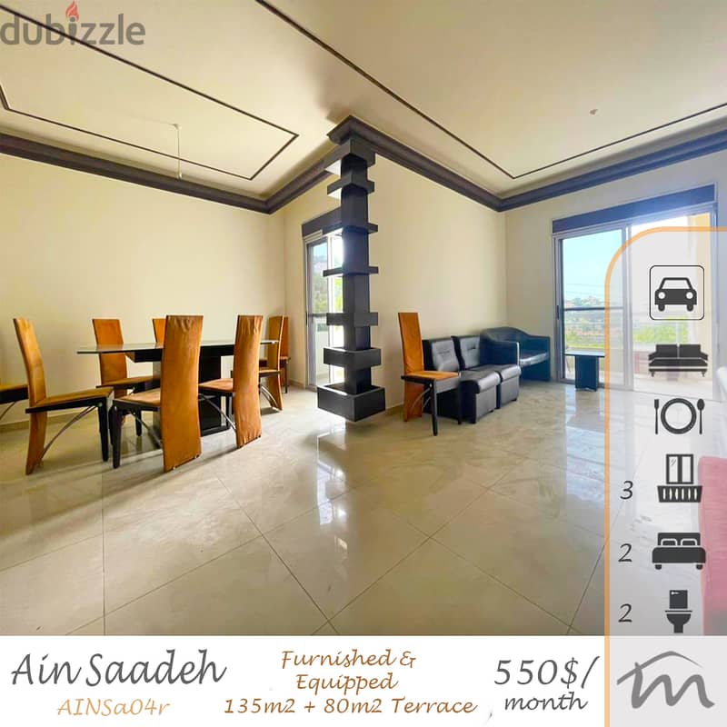 Ain Saadeh | Furnished/Equipped/Decorated 135m² + 80m² Terrace/Garden 0