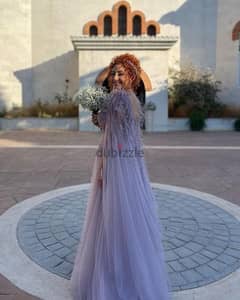 Purple Beaded Dress with Feathered Sleeves