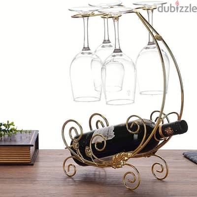 Vintage Wine Rack in Gold for 1 Bottle and 4 Glasses