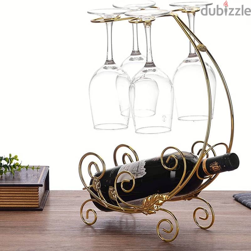 Vintage Wine Rack in Gold for 1 Bottle and 4 Glasses 0