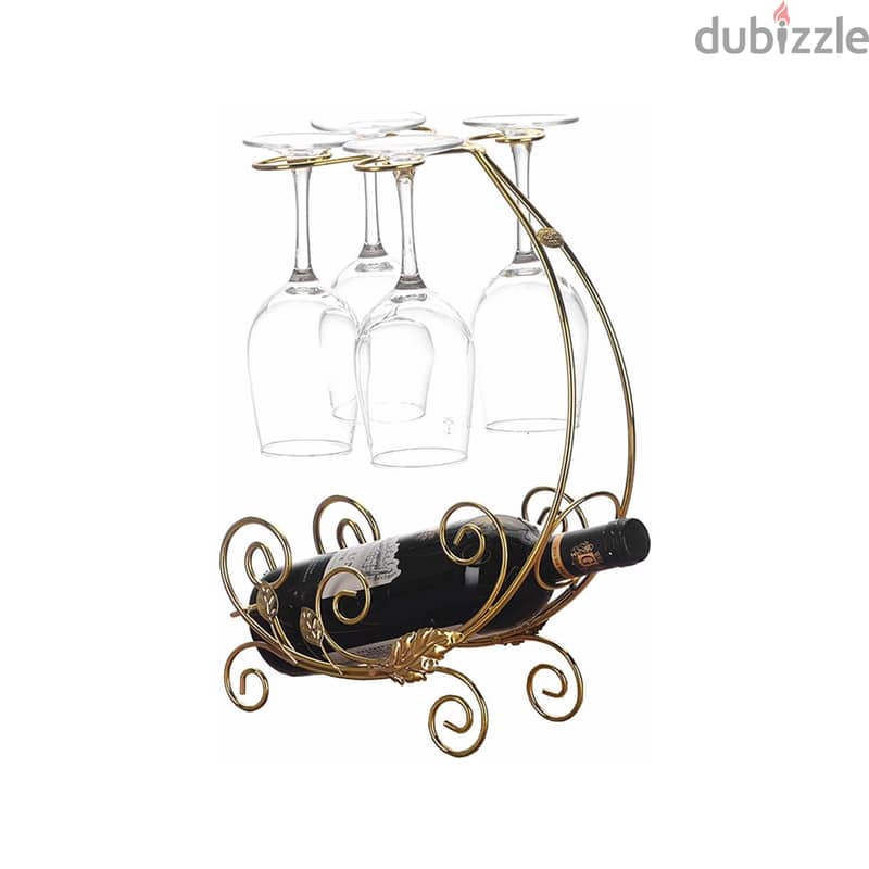 Vintage Wine Rack in Gold for 1 Bottle and 4 Glasses 1