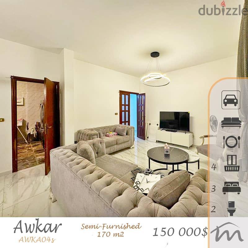 Awkar | Semi Furnished 170m² | 4 Balconies | Elegant 3 Bedrooms Apart 0