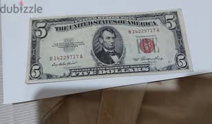 Five USA Dollars Red Seal Banknote Lincolin Memorial year 1953 0