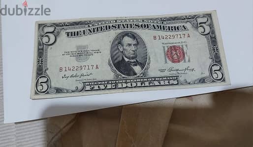 Five USA Dollars Red Seal Banknote Lincolin Memorial year 1953