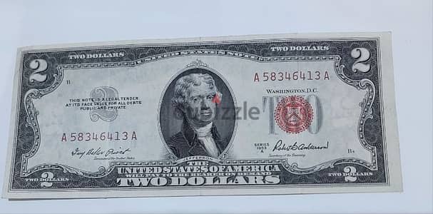 Two USA Dollars Red Seal Banknote  Jefferson Memorial year 1953