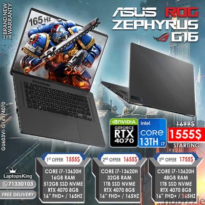 ASUS ROG ZEPHYRUS G16 CORE i7-13620H RTX 4070 165HZ 16" GAMING LAPTOPS