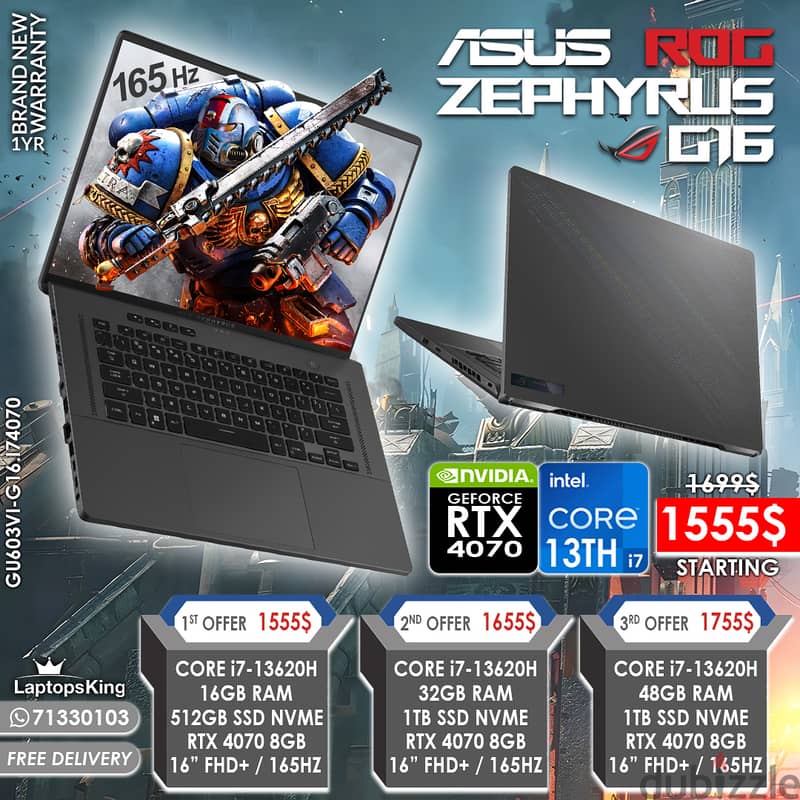 ASUS ROG ZEPHYRUS G16 CORE i7-13620H RTX 4070 165HZ 16" GAMING LAPTOPS 0