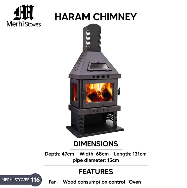 Haram Chimney Wood Merhi Stove صوبا شمنيه حطب هرم 3 واجهات زجاج فرن 1