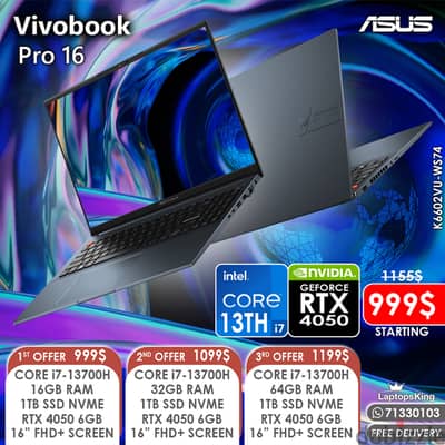 ASUS VIVOBOOK PRO 16 CORE i7-13700H RTX 4050 16” CREATOR LAPTOPS