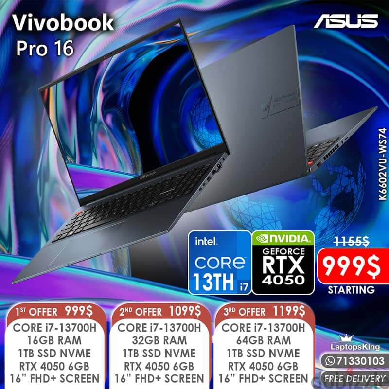 ASUS VIVOBOOK PRO 16 CORE i7-13700H RTX 4050 16” CREATOR LAPTOPS 0