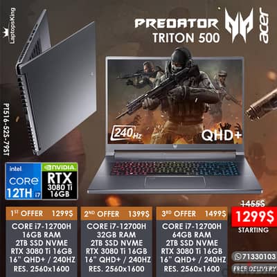 ACER PREDATOR TRITON 500 i7-H 12TH RTX 3080Ti 240HZ QHD+ GAMING LAPTOP