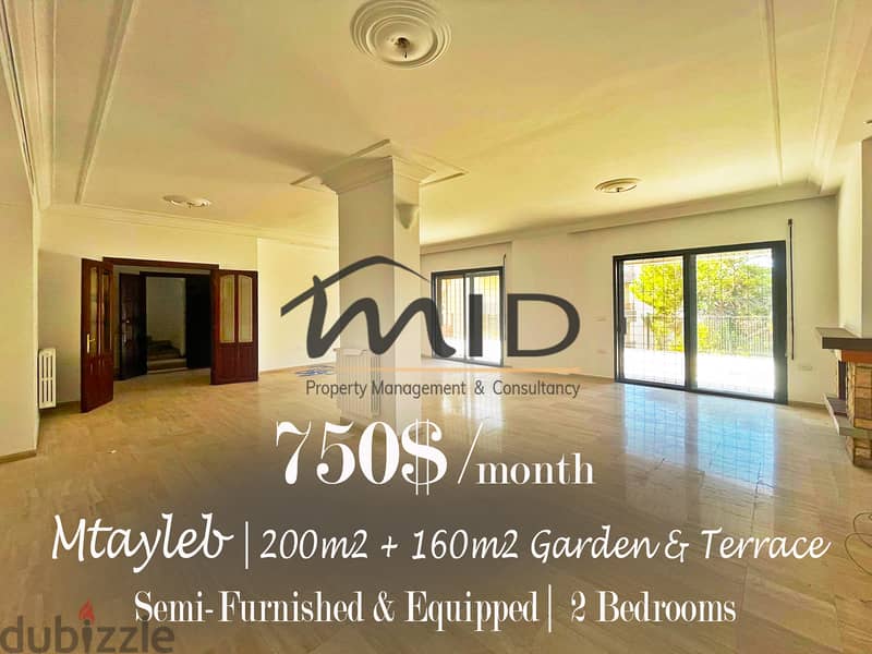 Mtayleb | Semi Furnished 200m² + 160m² Terrace & Garden | Charming Apt 1