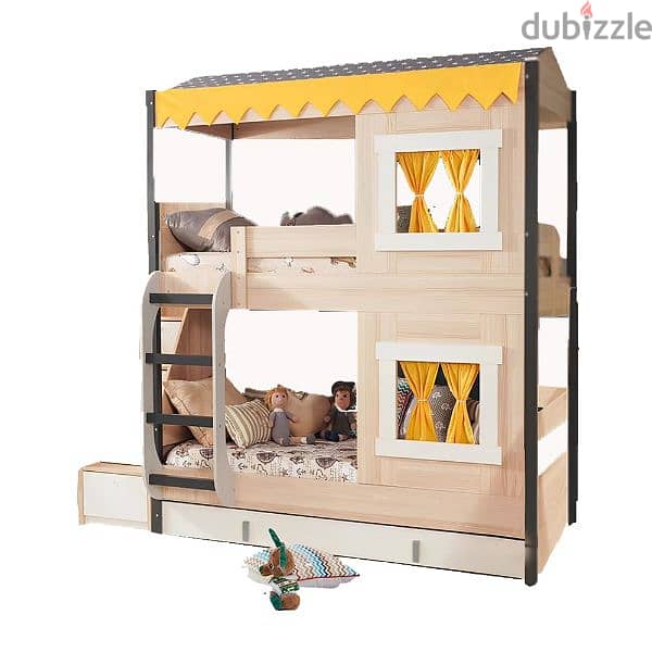 Light Wooden Bunk Bed With a Tent, Ladder & Drawer 0