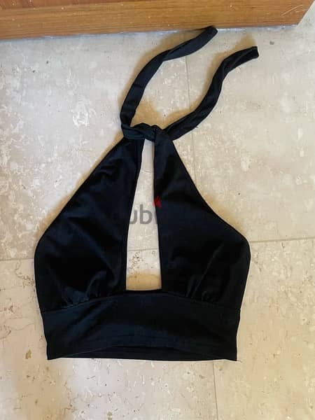 Black Halter Crop V-neck Top 0