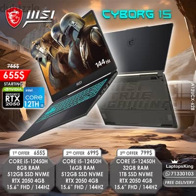 MSI CYBORG 15 CORE i5-12450H RTX 2050 144HZ 15.6" GAMING LAPTOPS