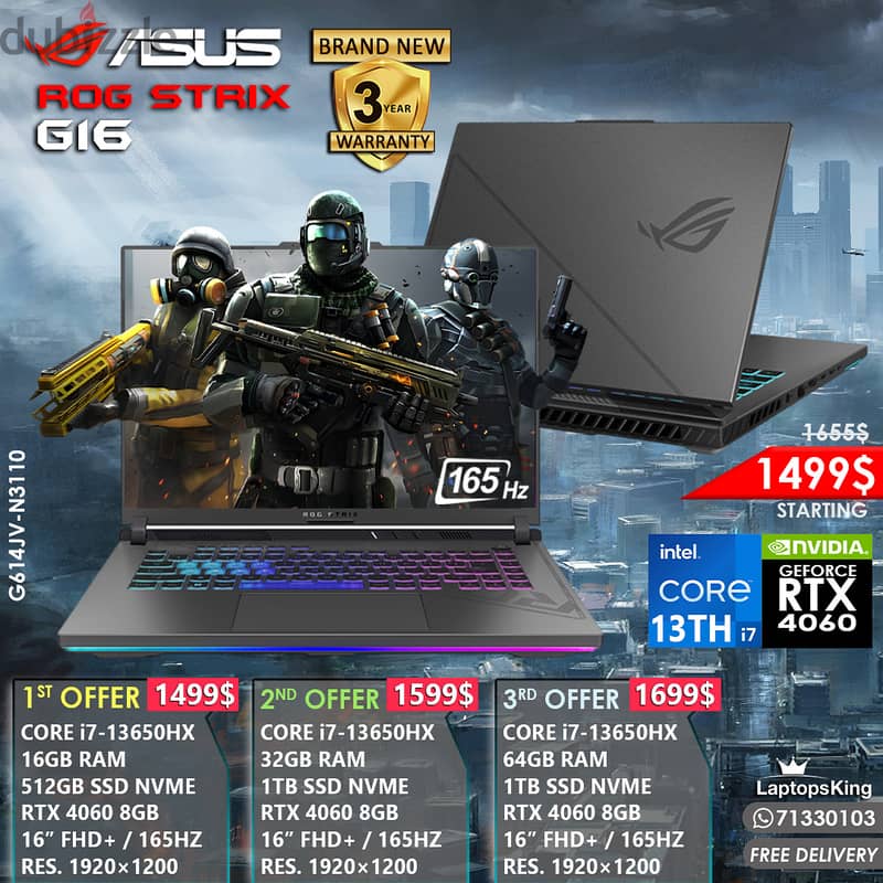 ASUS ROG STRIX G16 CORE i7-13650HX RTX 4060 165HZ 16” GAMING LAPTOP 0