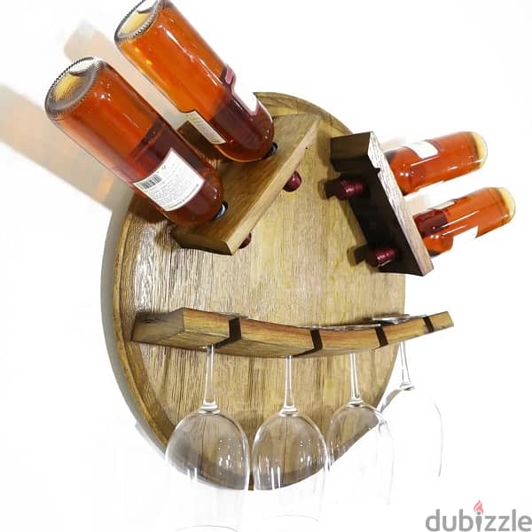 Wine barrel bottle and glass wood bar wall display. 2