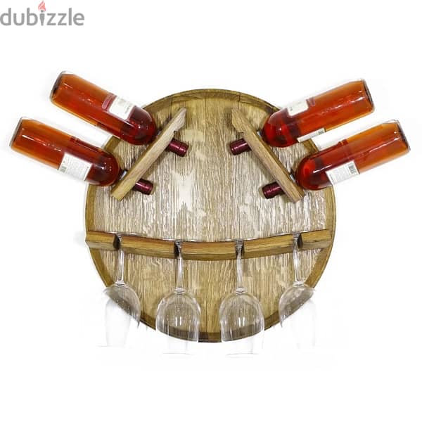 Wine barrel bottle and glass wood bar wall display. 3