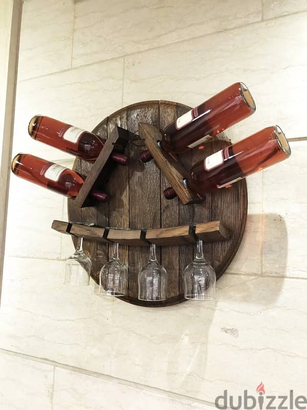 Wine barrel bottle and glass wood bar wall display. 4