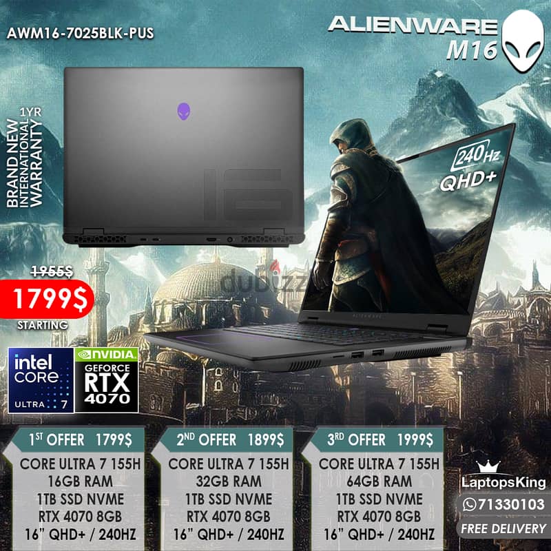 DELL ALIENWARE M 16 CORE ULTRA 7 155H RTX 4070 16" QHD+ 240HZ LAPTOPS 0