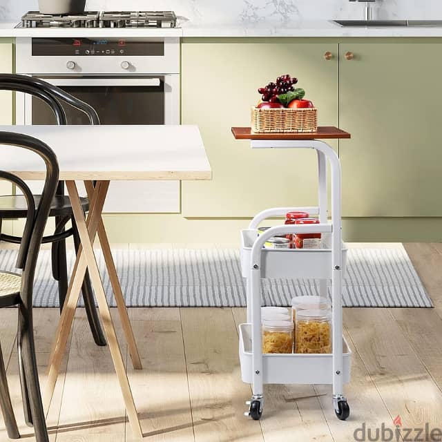 Kitchen Storage Trolley, 3-Tier Rolling Cart with Wooden Top 2