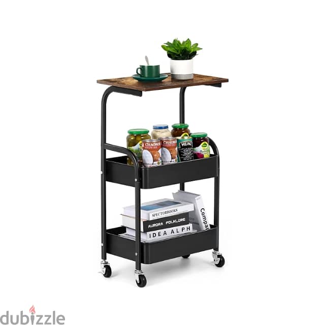 Kitchen Storage Trolley, 3-Tier Rolling Cart with Wooden Top 7