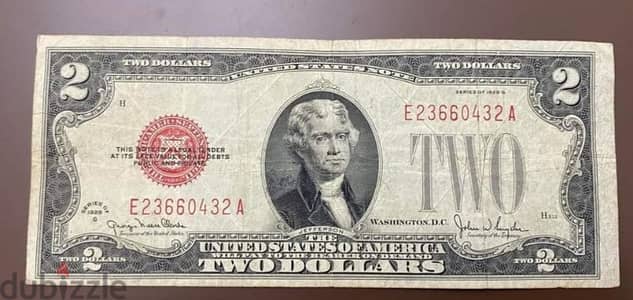 Two USA Dollar Banknote Red Seal Memorial President Jefersson year1928