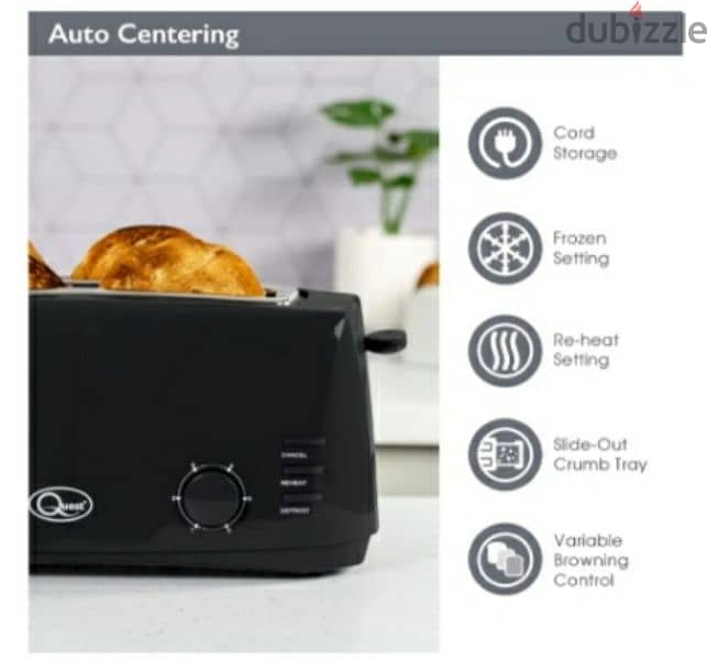 Quest 4 Slice Toaster -Wide Long Slots, 6 Settings, Reheat & Defrost 2