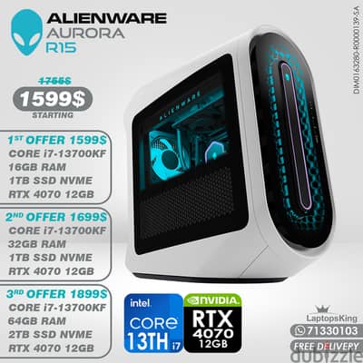 ALIENWARE AURORA R15 CORE i7-13700KF RTX 4070 DESKTOP COMPUTERS