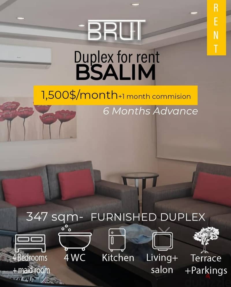 Amazing 350 sqm Fully furnished duplex for rent in Bsalim -Metn 0