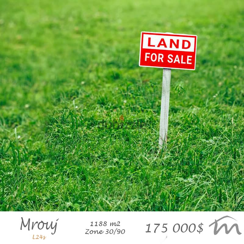 Mrouj | 1188m² Land | 147$/m² | Road Access | Zone 30/90 | FlatSurface 0