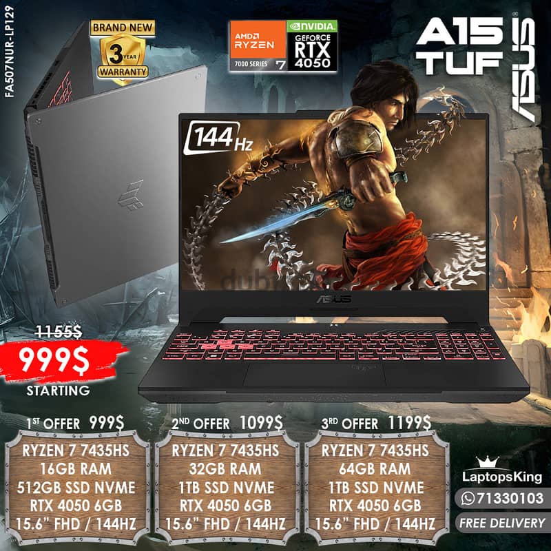 ASUS TUF A15 RYZEN 7 7435HS RTX 4050 144HZ 15.6" GAMINNG LAPTOPS 0