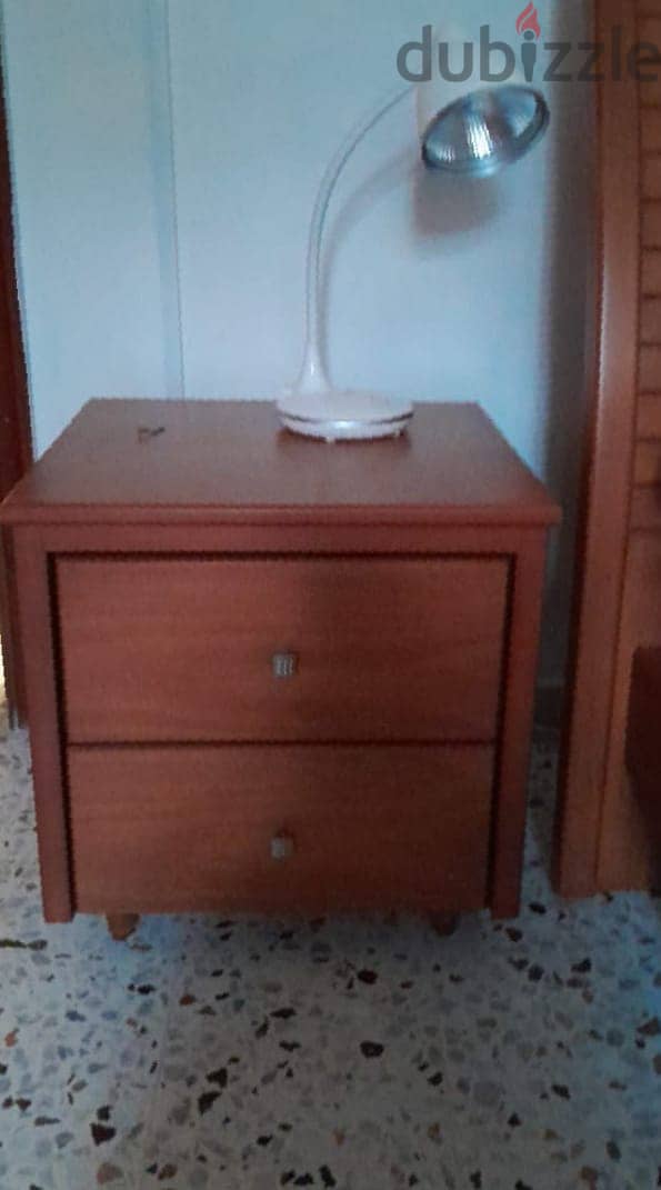 Bed 1.20m, side table, commode with drawers, dressing cupboard. 2