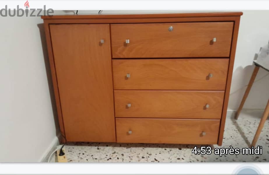 Bed 1.20m, side table, commode with drawers, dressing cupboard. 3