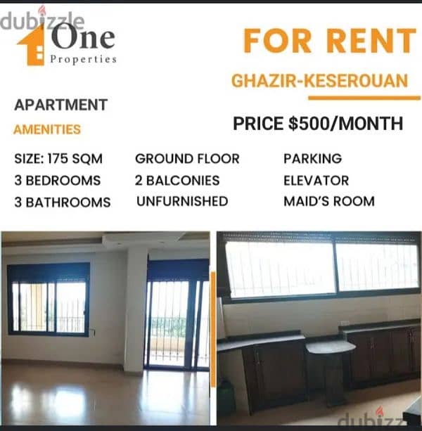 Apartment for RENT,in GHAZIR /KESEROUAN, 3 minutes from highway. 0