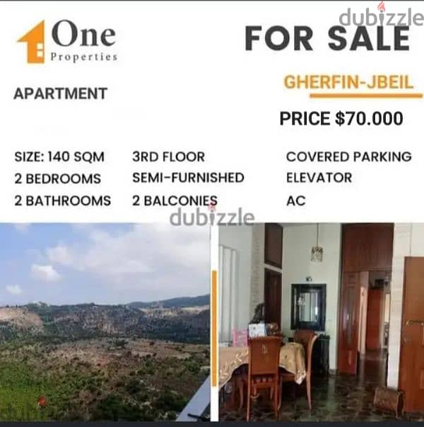 SEMI-FURNISHED APARTMENT for SALE,in GHERFIN-JBEIL,  mountain view. 0