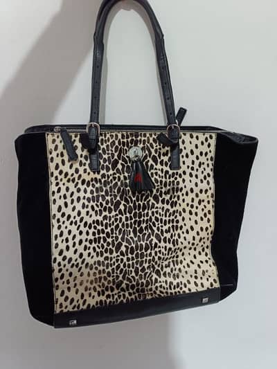 Karen Millen Black and White Animal Print Pony Skin Leather Suede Tote