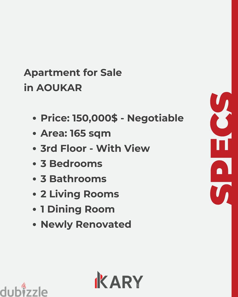 165m2 Apartment for Sale in AOUKAR - شقة للبيع في عوكر 2