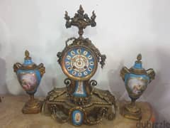 antique french louis Vl bronze and porcelaine 3 piece clock set 0