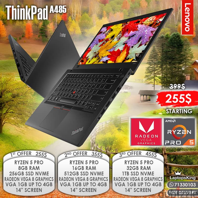 LENOVO THINKPAD A485 RYZEN 5 PRO RADEON VEGA 8 VGA 14” LAPTOPS 0