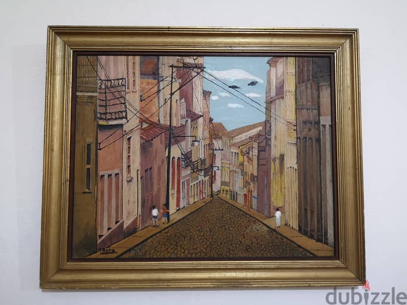 Vintage Oil painting in golden wooden frame 0